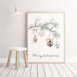 Watercolor pine branch with christmas balls and Merry Christmas quote  print in sage green, beige, brown colors for christmas neutral home decor and beige home decor.