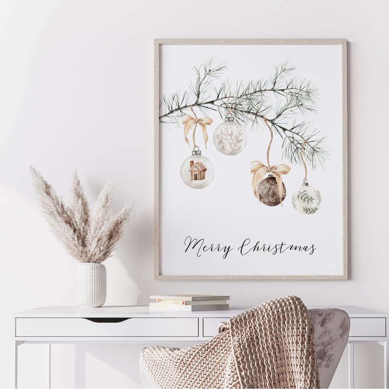 Watercolor pine branch with christmas balls and Merry Christmas quote print in sage green, beige, brown colors for christmas neutral home decor and beige home decor.