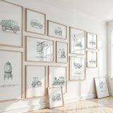 Mint green transport vehicle wall art set of 16 printable nursery decor.