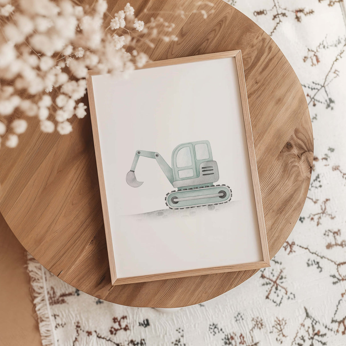 Scandinavian style nursery wall art set with mint green cars and trucks.