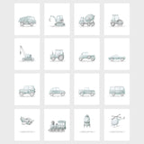 Gender neutral transport wall art set with airplane, rocket, and train prints.