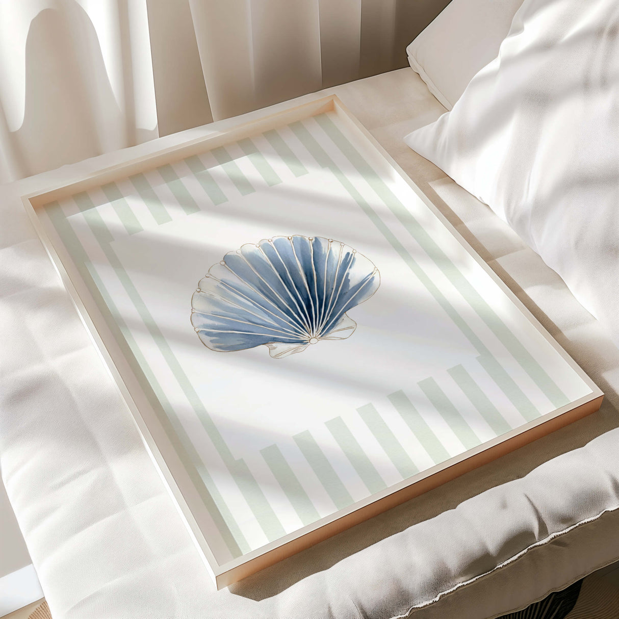 Seashell and coral printable artwork with sage green stripes and soft tones.