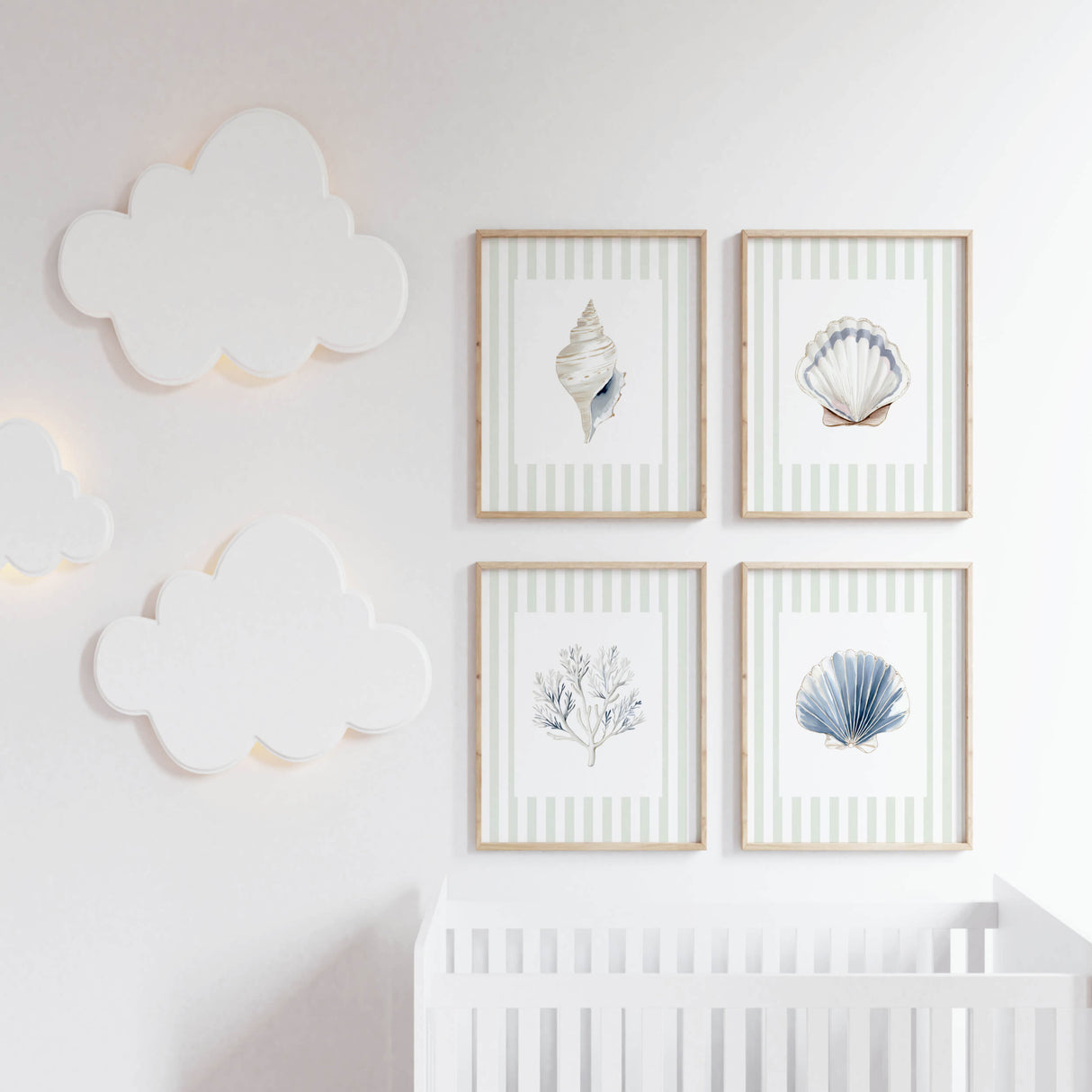 Minimalist watercolor seashell and coral art set for coastal home interiors.