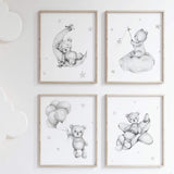 Watercolor teddy bear print in gray color for neutral nursery decor.