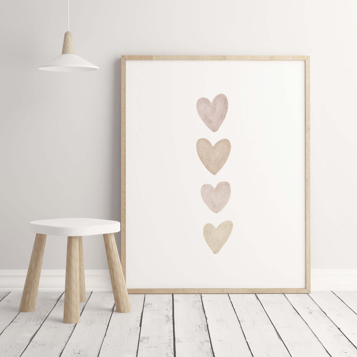 Watercolor boho nursery print with hearts in pink, brown and beige colors for gender neutral  nursery decor and boho nursery decor, baby girls room decor.