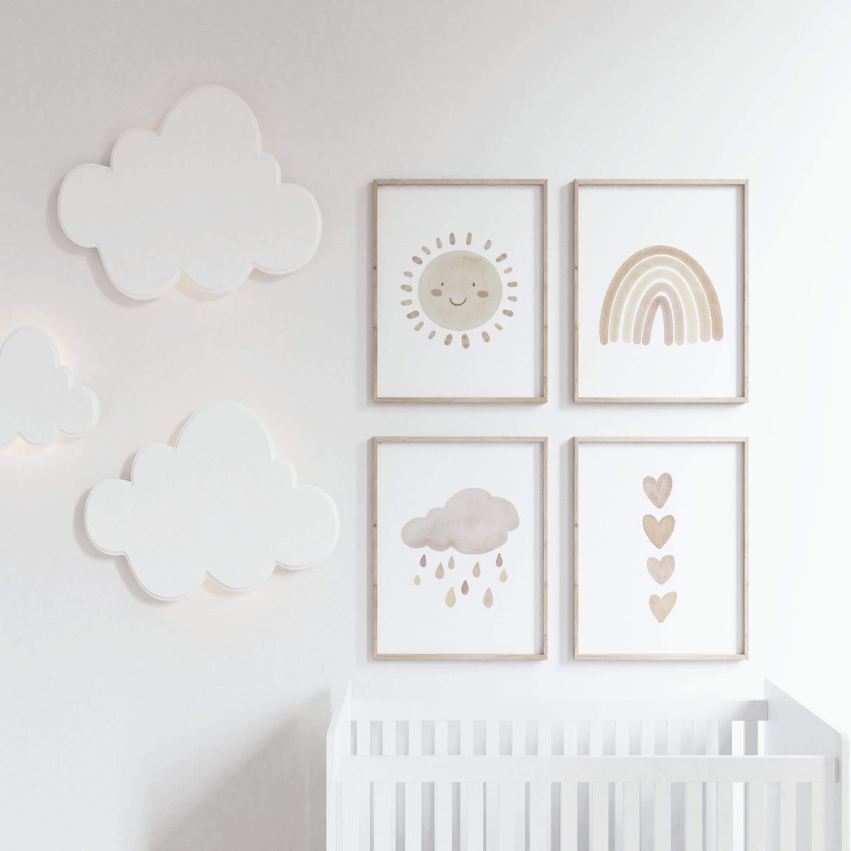 Set of 4 watercolor boho nursery printable with rainbow, sunshine, rain cloud and hearts in pink, brown and beige colors for gender neutral  nursery decor and boho nursery decor, baby girls room decor.