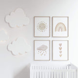 Set of 4 watercolor boho nursery printable with rainbow, sunshine, rain cloud and hearts in pink, brown and beige colors for gender neutral  nursery decor and boho nursery decor, baby girls room decor.