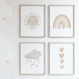 Set of 4 watercolor boho nursery print with rainbow, sunshine, rain cloud and hearts in pink, brown and beige colors for gender neutral  nursery decor and boho nursery decor, baby girls room decor.