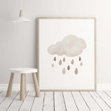 Watercolor boho nursery print with rainy cloud in  brown and beige colors for gender neutral  nursery decor and kids decor, baby boys room decor, baby girls room decor, boho nursery decor.