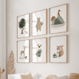 Set of 6 watercolor boho woodland print with sage green and brown color for neutral nursery decor.