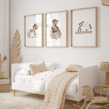 Set of 3 watercolor toys print with beige and brown color for neutral nursery ideas and decor.