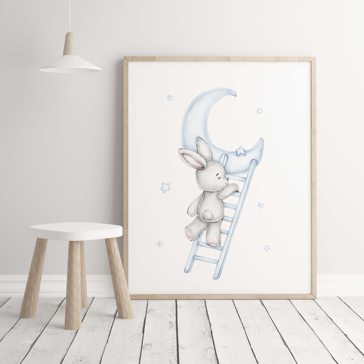 Watercolor bunny print with balloon, moon, cloud, stars in gray and blue colors for baby boys room decor, toddler room decor, gray blue nursery decor.