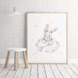 Watercolor bunny print with balloon, moon, cloud, stars in gray and blue colors for baby boys room decor, toddler room decor, gray blue nursery decor.