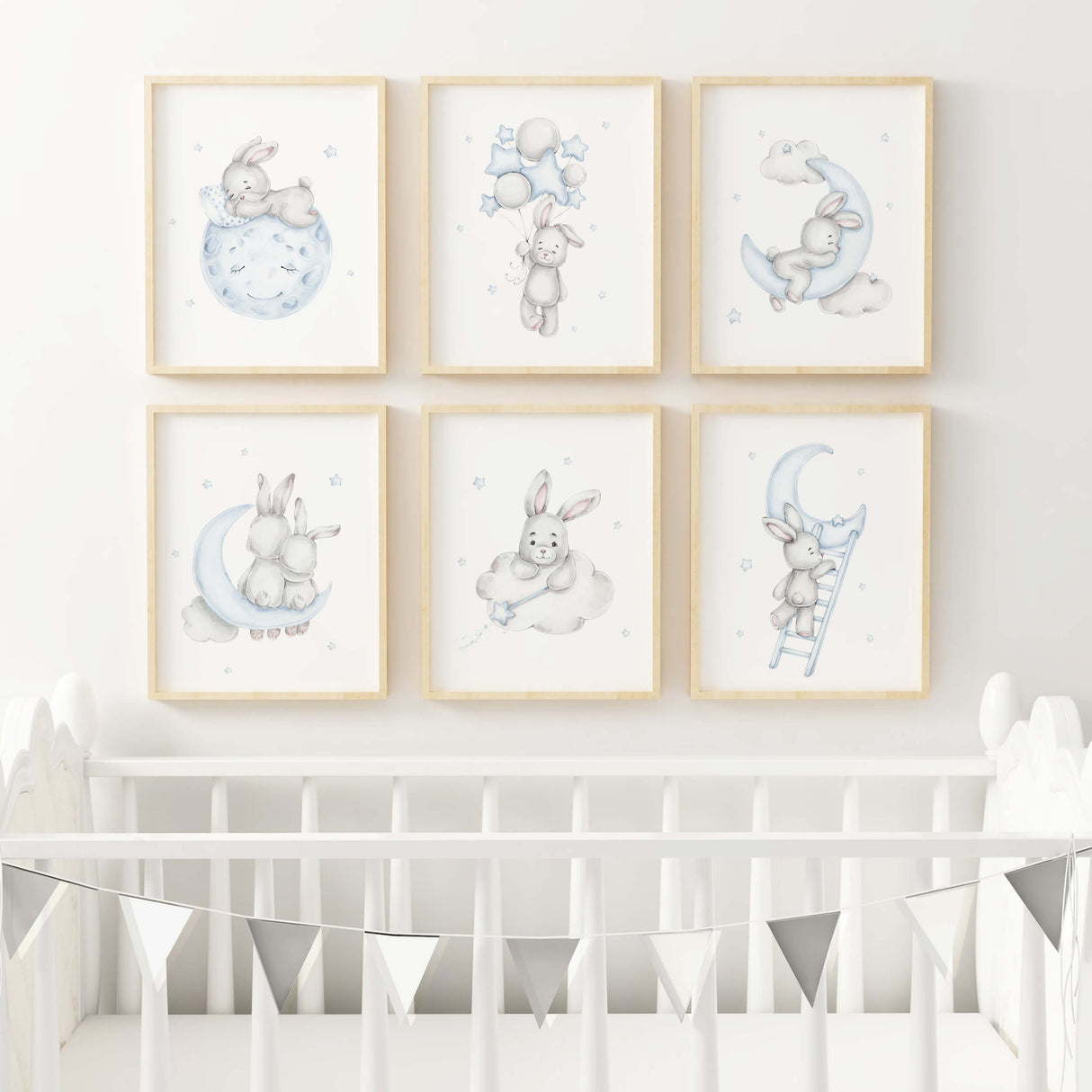 Watercolor bunny print with balloon, moon, cloud, stars in gray and blue colors for baby boys room decor, toddler room decor, gray blue nursery decor.