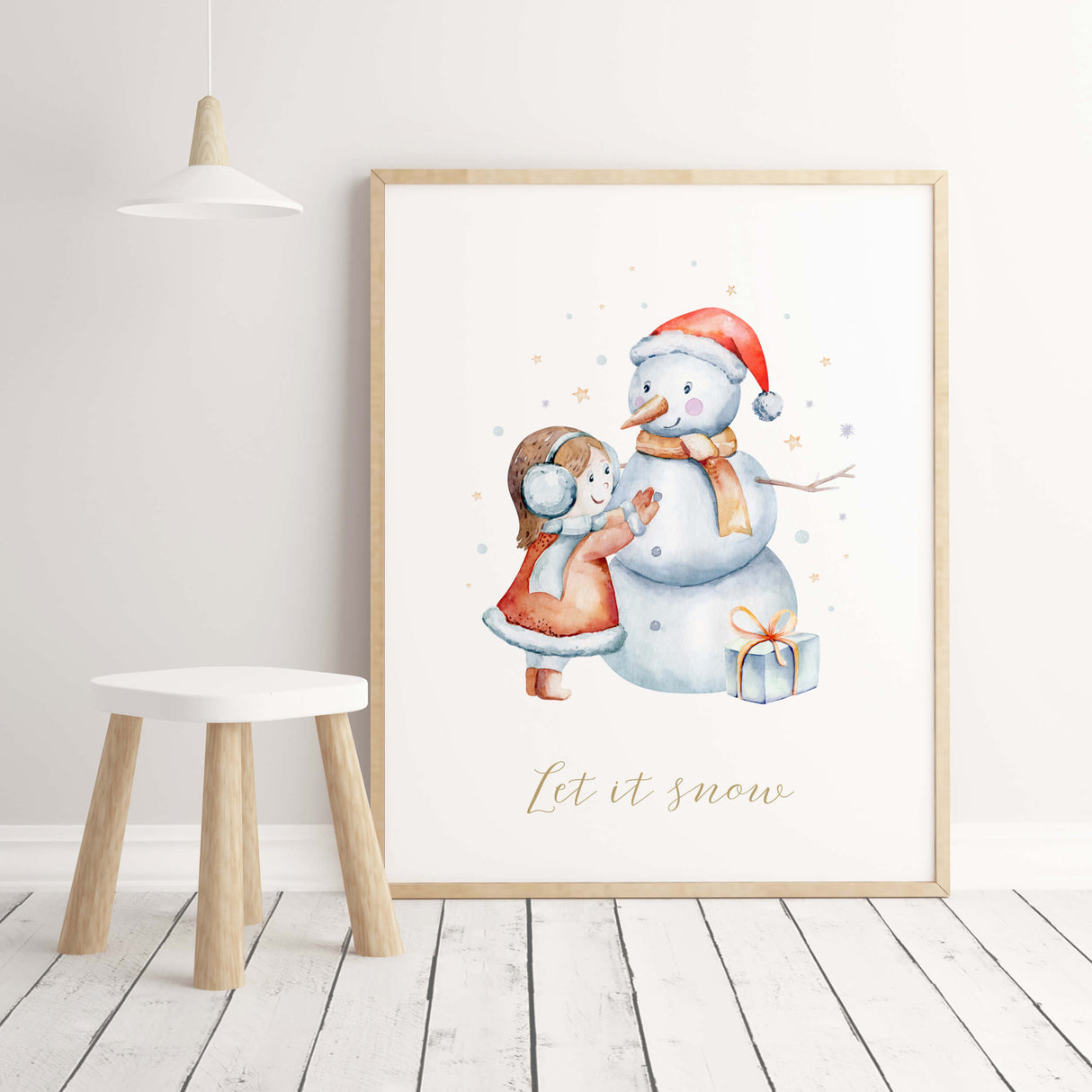 Watercolor snowman nursery print with Let it snow quote for christmas and winter nursery wall decor..