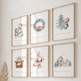 Set of 6 watercolor christmas nursery print with quote for christmas and winter nursery wall decor, includes quote: Let it snow, Merry Christmas, Joy to the world, Holly Jolly, Make a wish, Happy New Year.