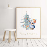 Little boy decorates a Christmas tree nursery print for winter nursery decor.