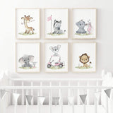 Watercolor safari animals with golf nursery poster with giraffe, zebra, rhino, elephant, koala, lion in gray, brown and pink colors for baby girls room decor and kids room decor.
