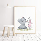 Watercolor safari animals with golf nursery printable with rhino in gray, brown and pink colors for baby girls room decor and kids room decor.
