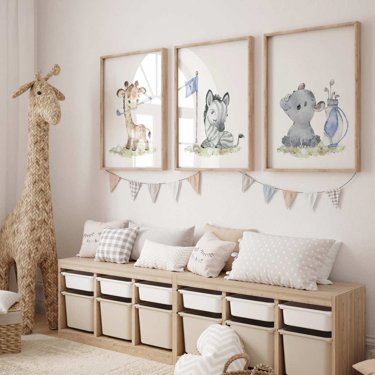 Watercolor safari animals golf nursery printable with zebra, giraffe, rhino and blue golf accessories for baby boys room decor, toddler room decor.