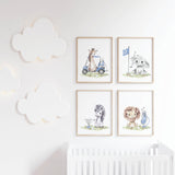 Watercolor golf nursery poster with safari animals with brown, gray, blue colors for baby boys room decor, toddler room decor, includes: giraffe, elephant, zebra, lion