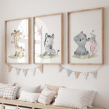Watercolor safari animals with golf nursery printable with giraffe, zebra, rhino and pink golf accessories for baby girls room decor.