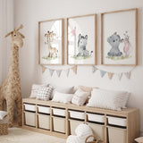 Watercolor safari animals with golf nursery printable with giraffe, zebra, rhino, elephant, koala, lion in gray, brown and pink colors for baby girls room decor and kids room decor.