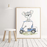 Watercolor safari animals golf nursery poster with koala and blue golf accessories for baby boys room decor, toddler room decor.