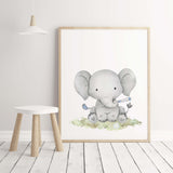 Watercolor golf nursery print with elephant in blue, gray, brown colors for boyrs room decor and toddler room decor, golf nursery decor, sport nursery decor.
