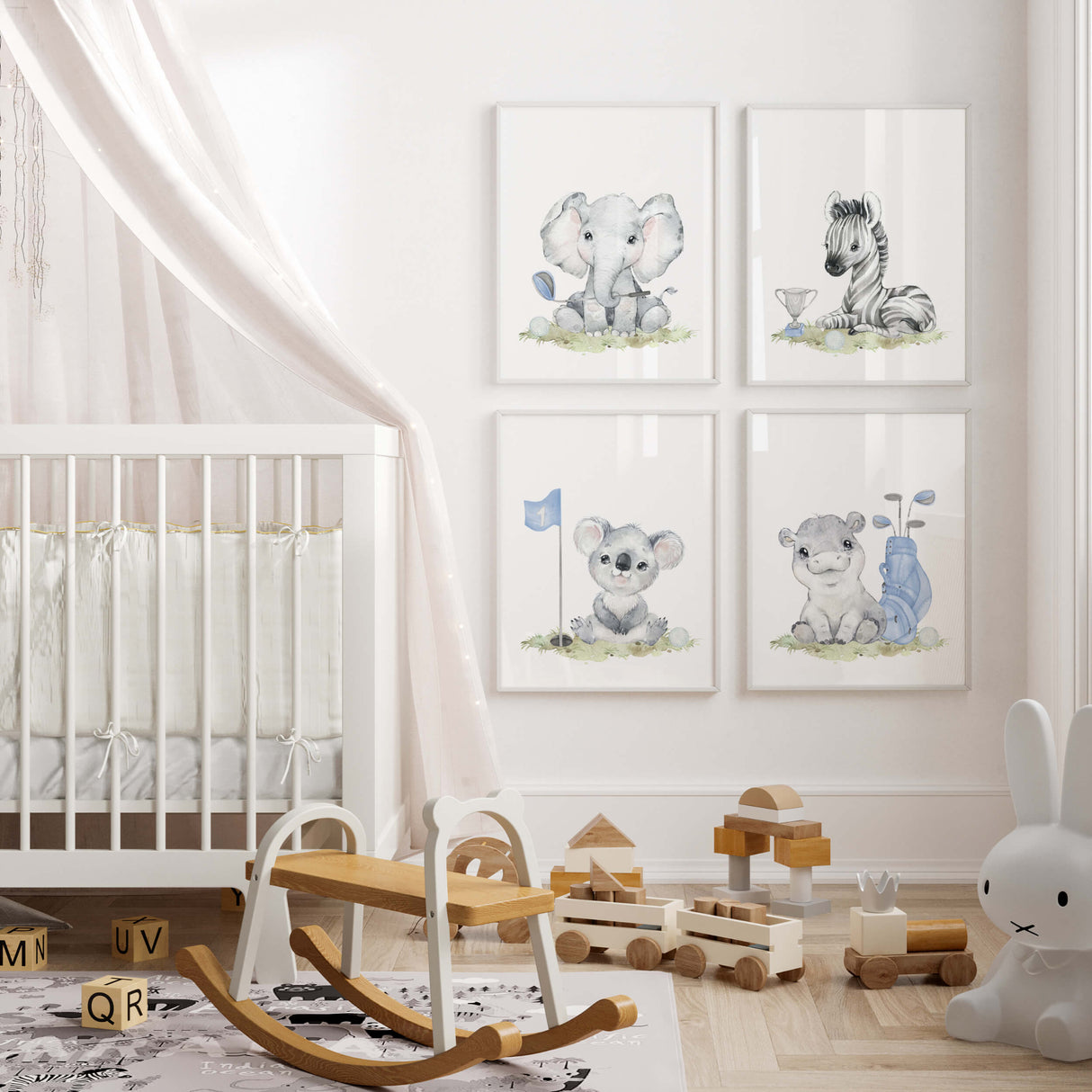 Watercolor golf nursery printable with safari animals: elephant, hippo,  zebra, koala in light blue, brown, gray colors for toddler room decor and boys room decor, sport nursery decor, golf nursery decor.
