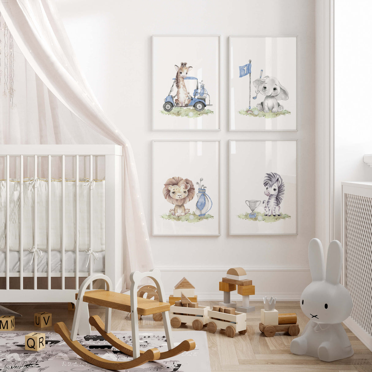Watercolor golf nursery print with lion, giraffe, elephant, zebra with brown, gray, blue colors for baby boys room decor, toddler room decor.
