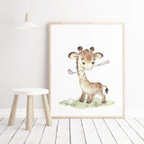Watercolor safari animals with golf nursery printable with giraffe in gray, brown and pink colors for baby girls room decor and kids room decor.