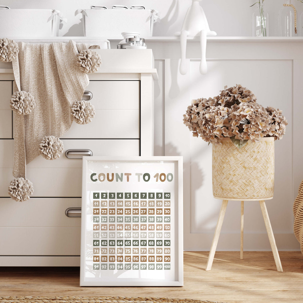 Watercolor count to 100 printable for gender neutral kids room decor.