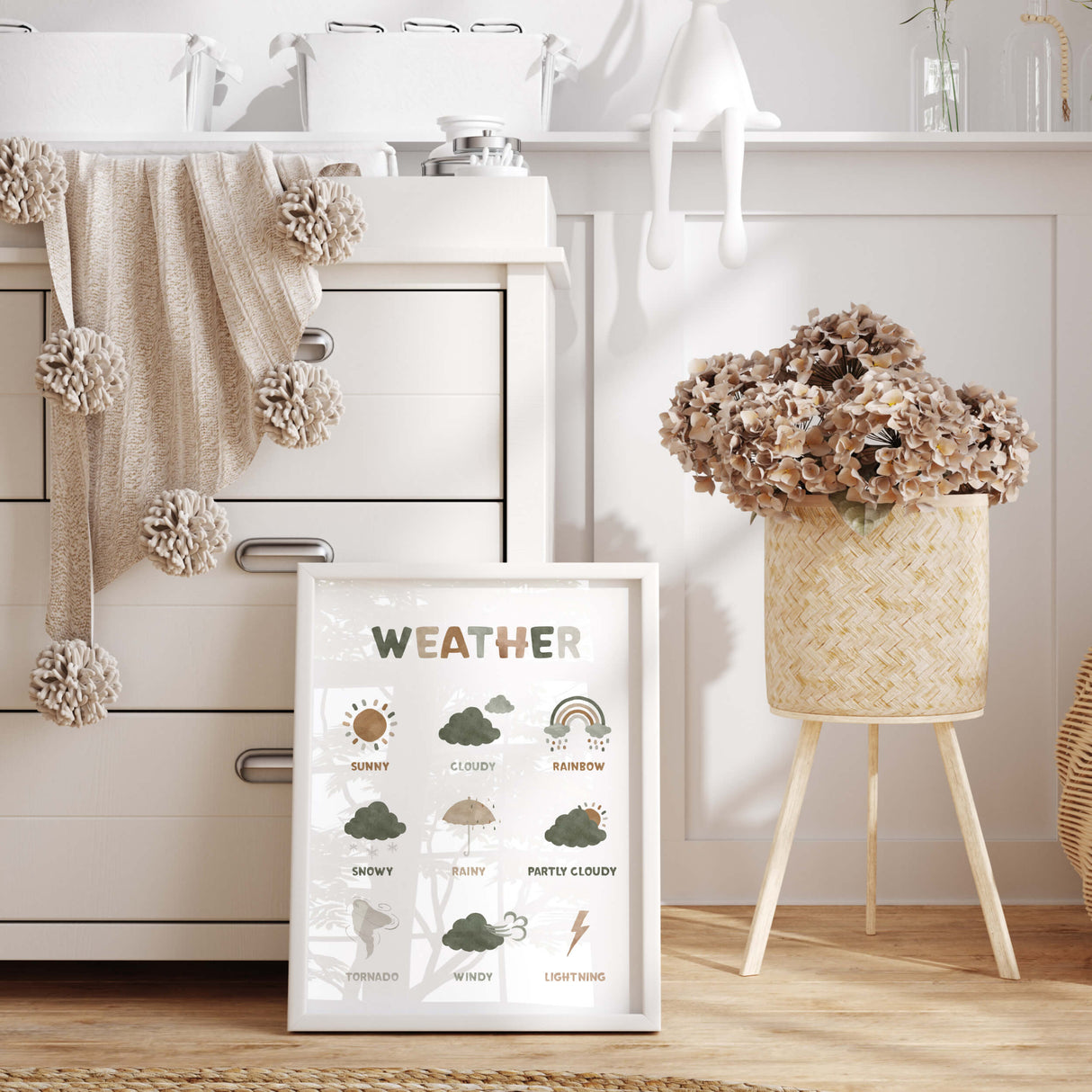Watercolor weather printable for nursery room decor with earth tones colors