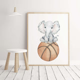Watercolor sport nursery poster with  elephant, basketball for gender neutral nursery decor, toddler room decor, boys room decor.