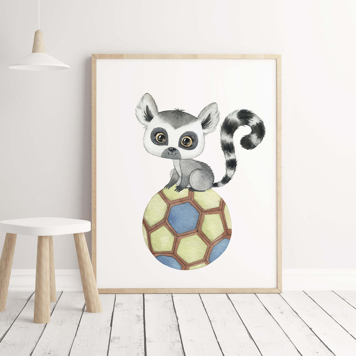 Watercolor lemur with handball  print for kids room and nursery decor.