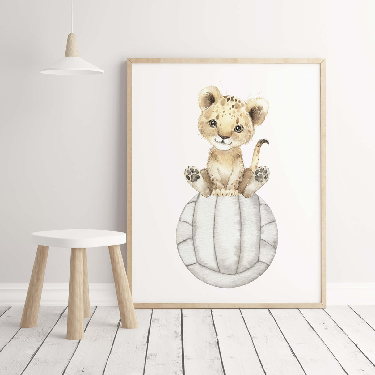 Watercolor sport nursery print with  lion and volleyball for gender neutral nursery decor, toddler room decor, boys room decor.