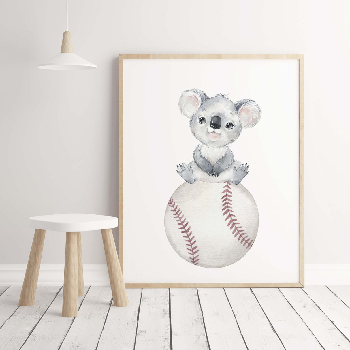 Watercolor sport nursery poster with  koala, baseball for gender neutral nursery decor, toddler room decor, boys room decor.