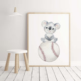 Watercolor sport nursery poster with  koala, baseball for gender neutral nursery decor, toddler room decor, boys room decor.