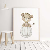 Watercolor baby lion with volleyball print for kids room and nursery decor.