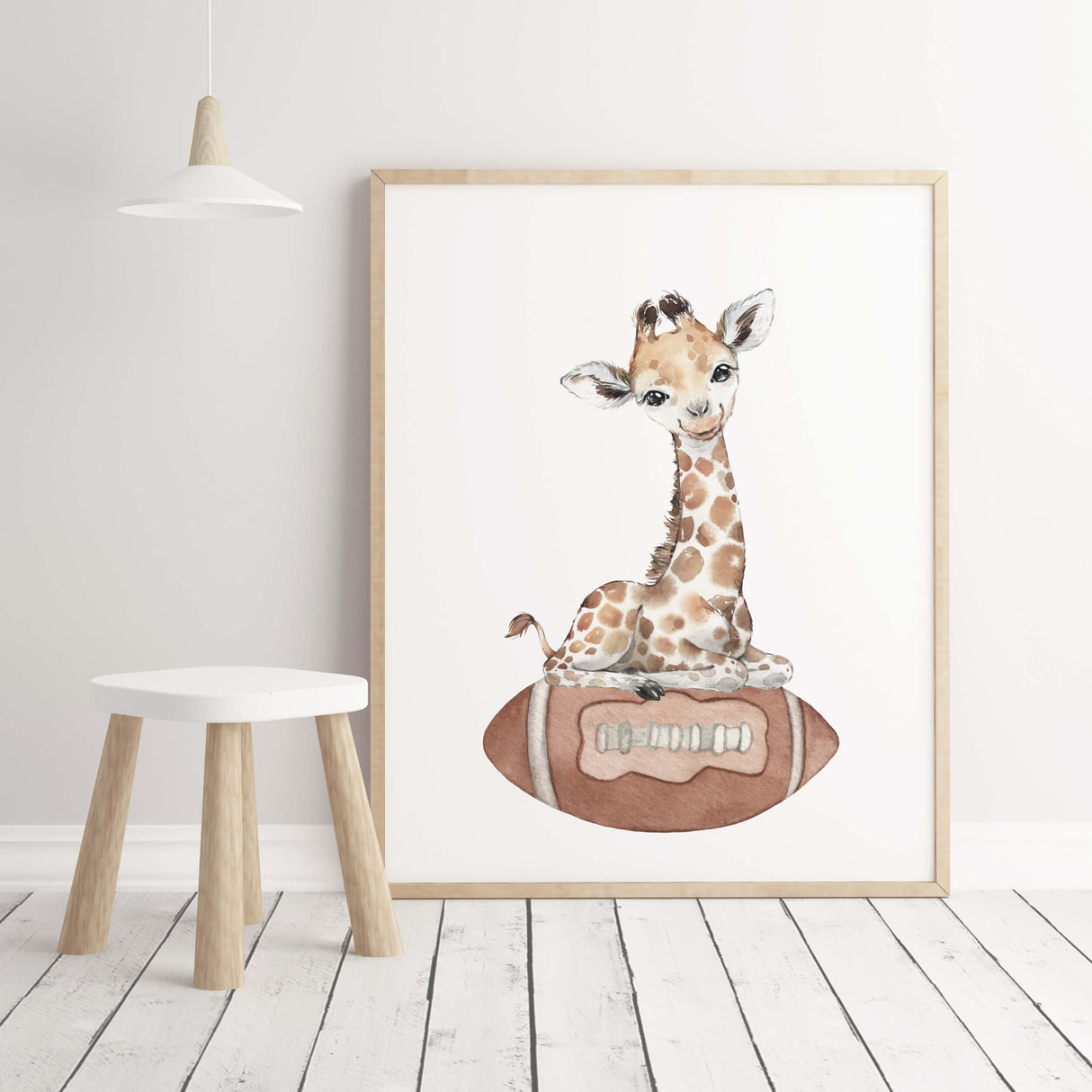Watercolor sport nursery print with  giraffe, football for gender neutral nursery decor, toddler room decor, boys room decor.