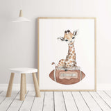 Watercolor sport nursery print with  giraffe, football for gender neutral nursery decor, toddler room decor, boys room decor.