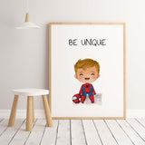 Superboy print with super hero and be unique inspirational quote for baby boys room decor, toddler room decor.