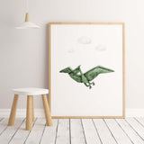 Watercolor dinosaur print in sage green for gender neutral nursery decor, baby boys room decor, toddler room decor.