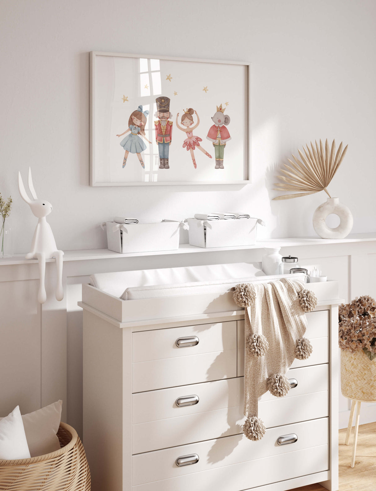 Watercolor nutcracker nursery poster for gender neutral christmas nursery decor.