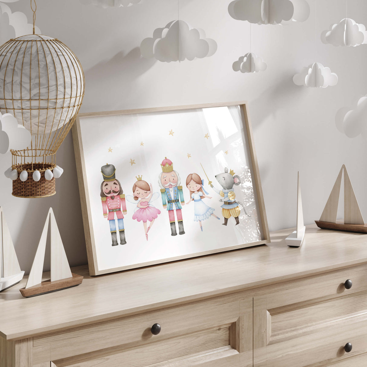 Watercolor nutcracker print for christmas neutral nursery decor.