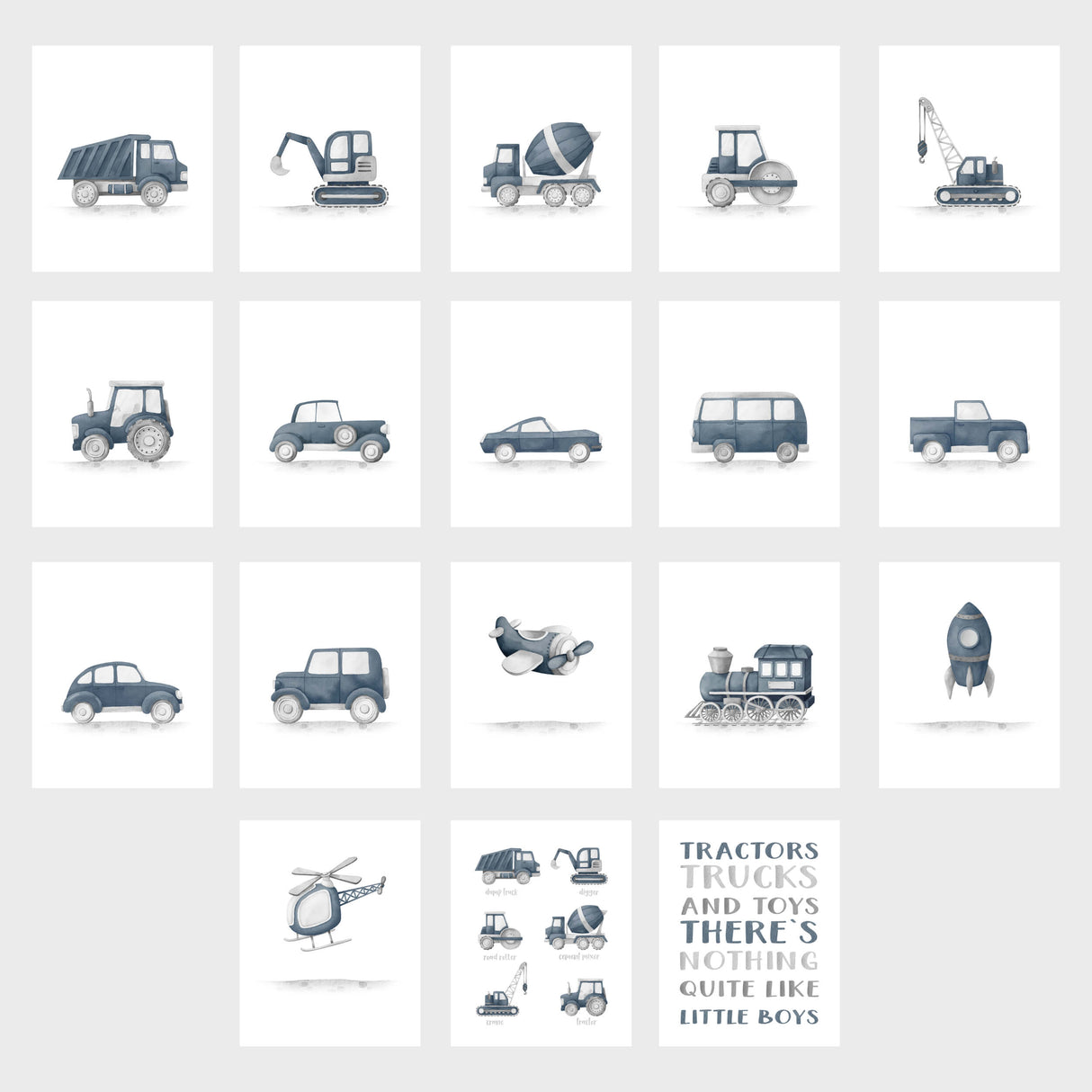 Construction vehicle printable art set in panel dark blue tones