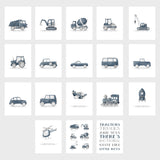 Construction vehicle printable art set in panel dark blue tones