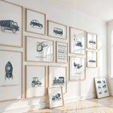 Panel dark blue helicopter rocket and car wall art for kids