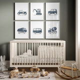 Boys bedroom gallery wall art with panel dark blue transport prints
